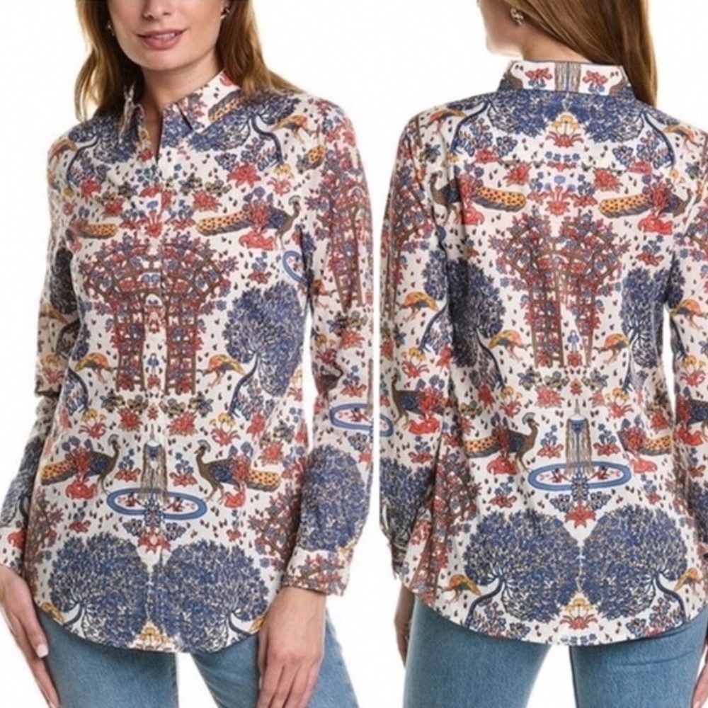 J.McLaughlin Womens M Peacock Garden Print Cotton Button Down Shirt Blouse Multi